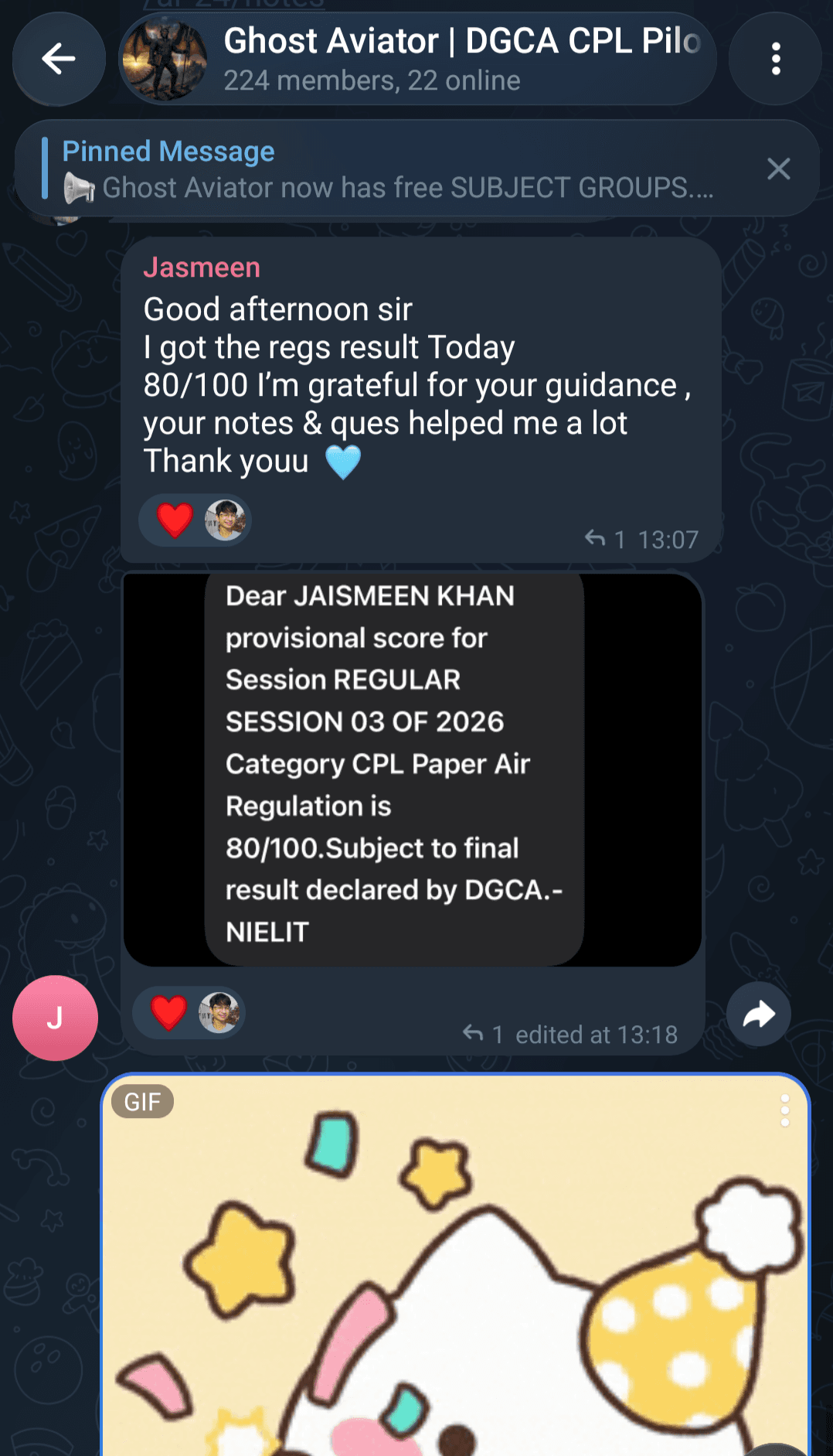 Student-supplied chat screenshot showing Jaismeen Khan's provisional CPL Air Regulation score of 80/100 for Regular Session 03 of 2026, subject to the final DGCA result.
