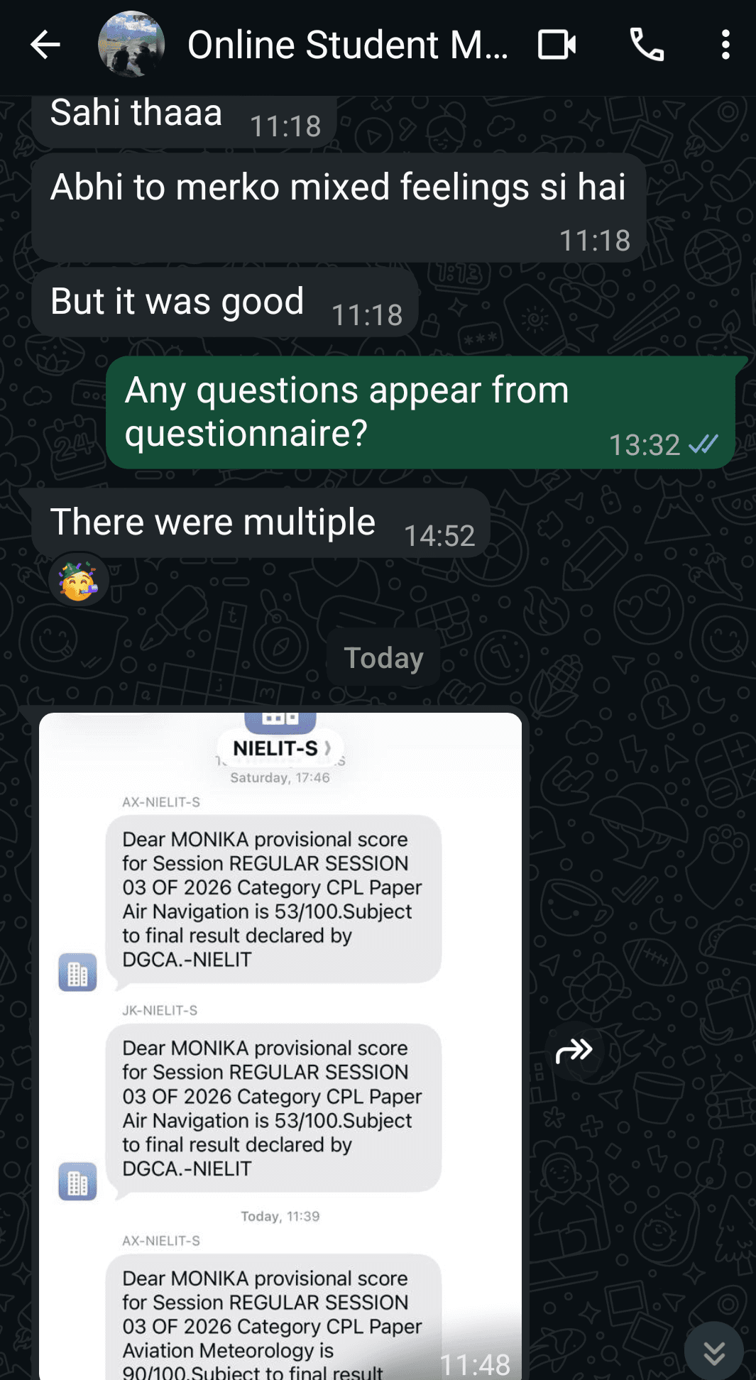 Student-supplied chat screenshot showing Monika's provisional CPL Session 03 of 2026 results: Air Navigation 53/100 and Aviation Meteorology 90/100, subject to final DGCA results.