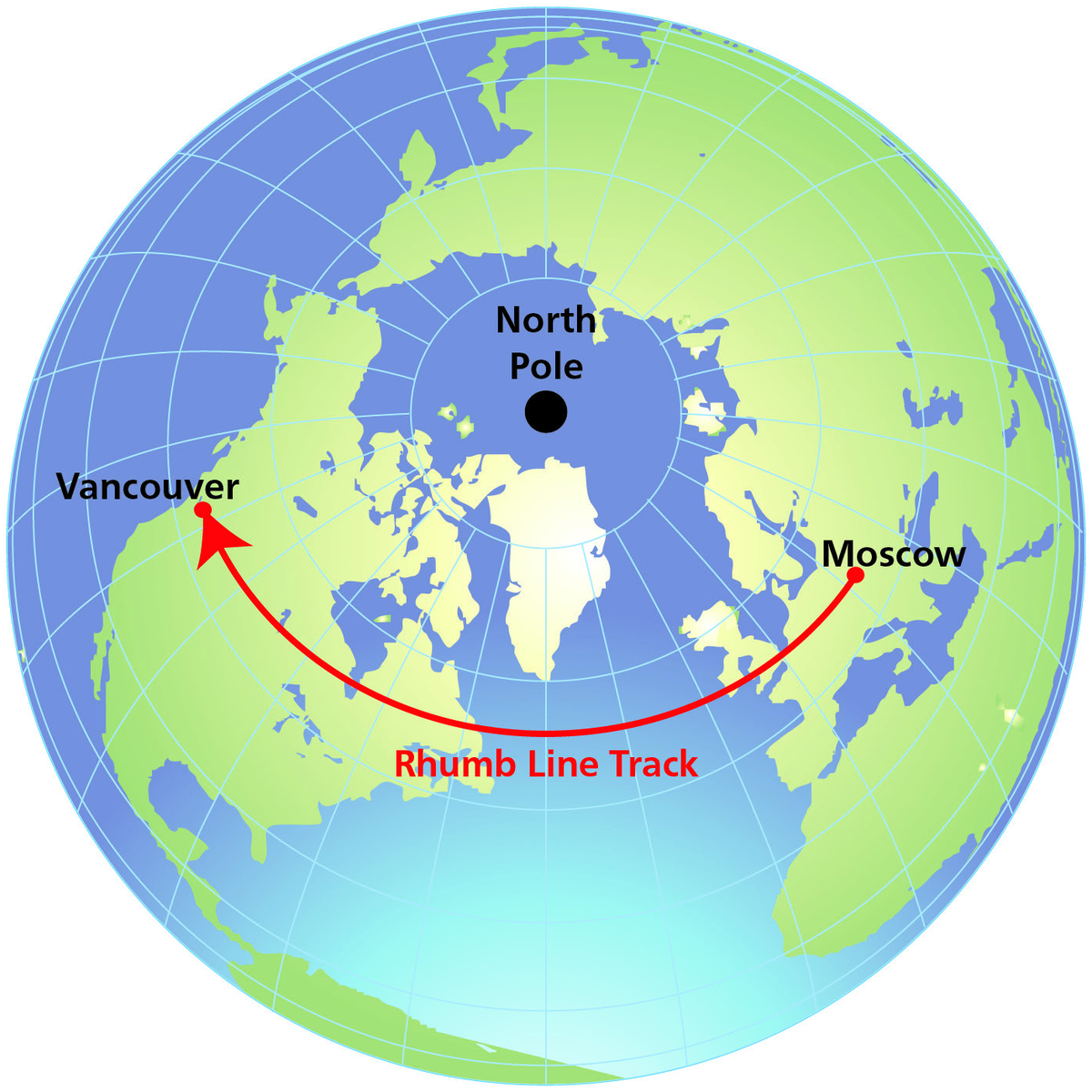 Figure 2 — Moscow to Vancouver — Rhumb Line track plotted on a Mercator chart