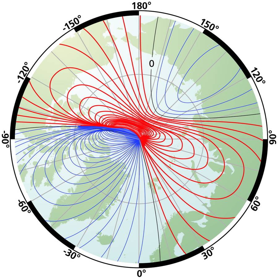 Figure 4 — Actual variation distribution around the North Pole — isogonals converge on both the True and Magnetic Poles