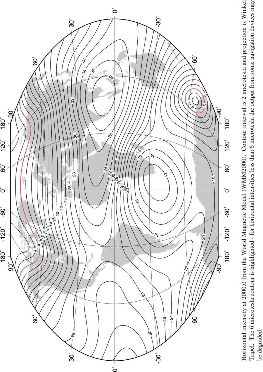 Figure 13 — The 6 µT zones around both the North and South Magnetic Poles (NERC survey, Jan 2000)