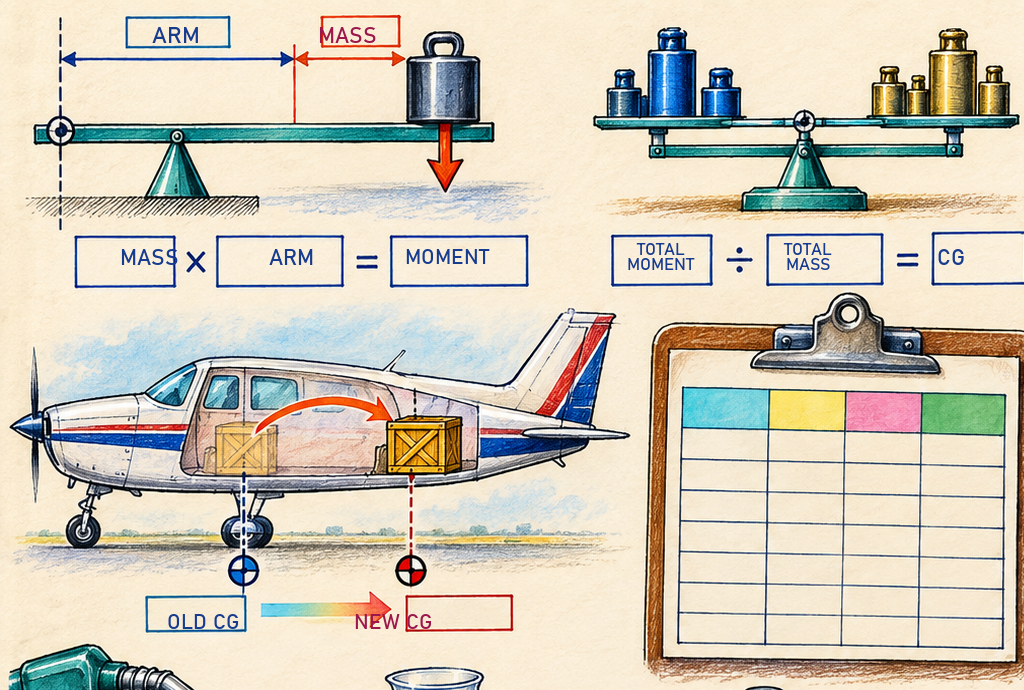 Datum, balance arm and moment on an aeroplane side view