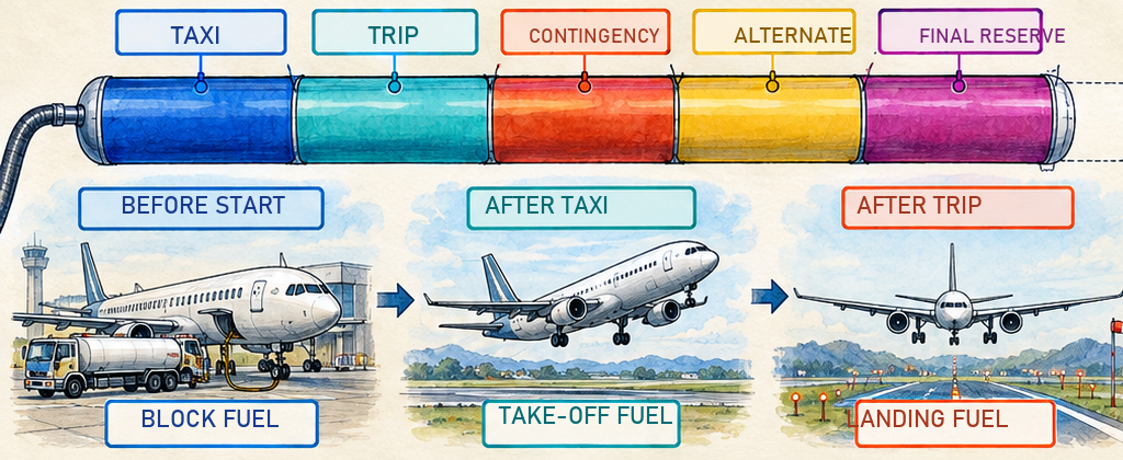Fuel load broken into taxi, trip, contingency, alternate and final reserve