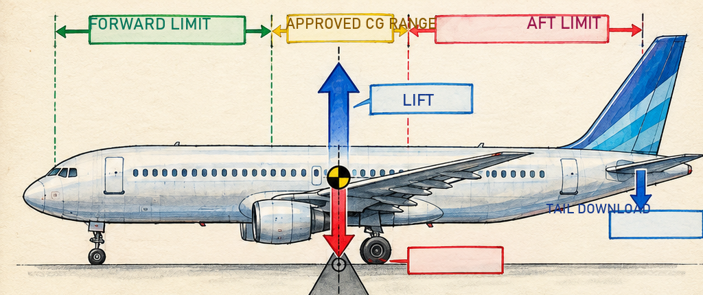 Forward and aft centre of gravity compared, showing tailplane download