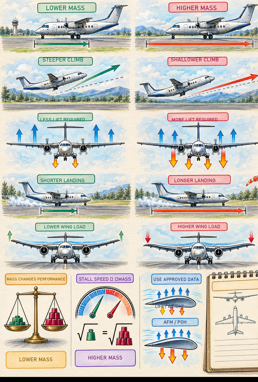 Effects of increased mass on aeroplane performance