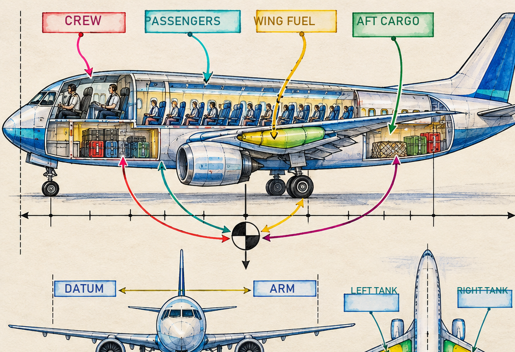 Original hand-painted Mass and Balance master board showing a transport aeroplane cutaway, loading stations, fuel tanks, CG and envelope