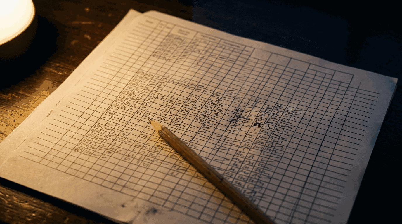 A completed paper flight plan log on a table under a low warm light, its columns of
       figures running down the page, a pencil resting across it.
