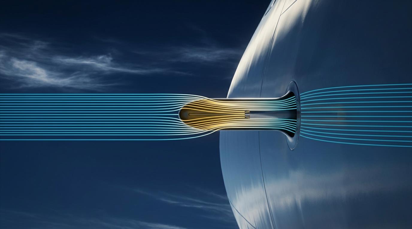 A cutaway view of a temperature probe in high-speed flow, with cool cyan air
       ahead of the probe and warmer gold-toned air compressed at the sensing element.