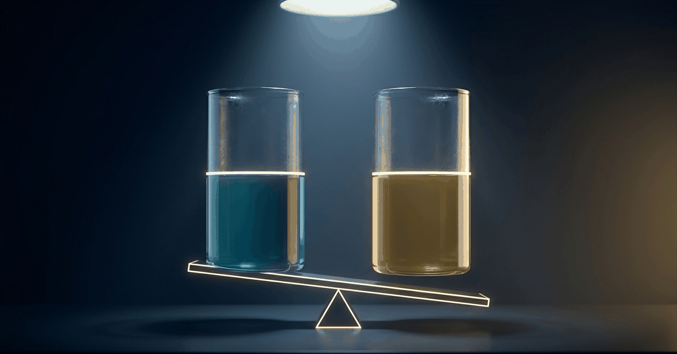 Two identical measuring vessels side by side, one filled with water and one with
       fuel, with a balance beam beneath showing the fuel vessel is lighter.