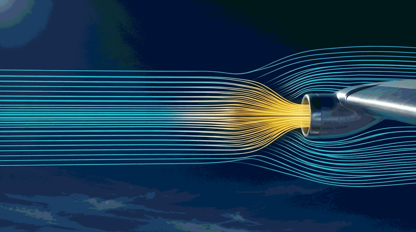 Cyan airflow streamlines compressing into a dense gold wedge at the mouth of a pitot tube on a wing leading edge at high speed.