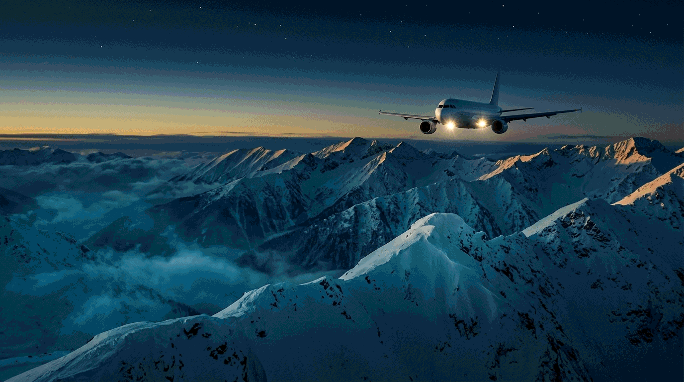 An airliner on approach at dusk over snow-covered ridgelines, the nearest crest close beneath its flight path in freezing winter air.