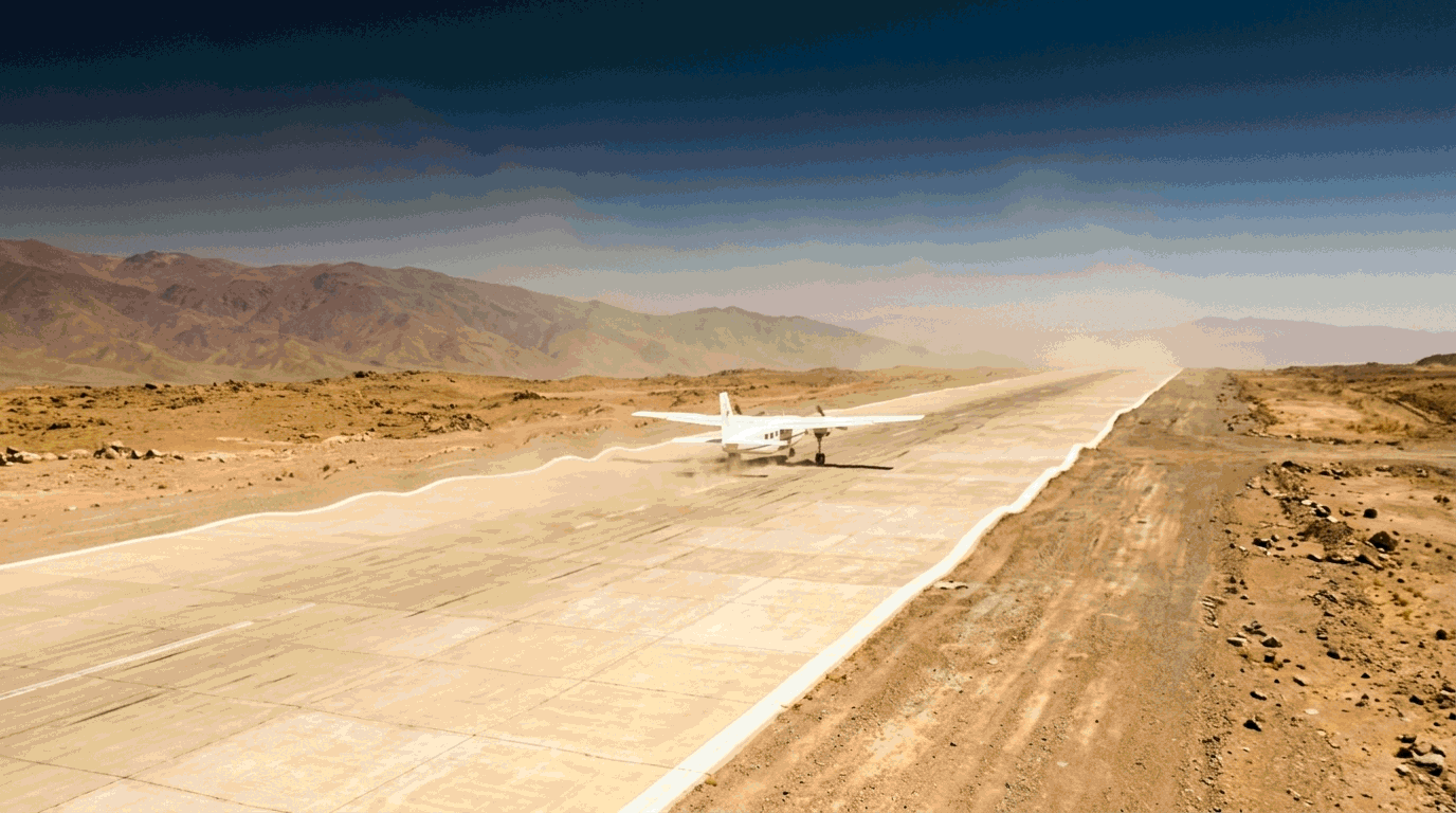 A light twin still on the ground far down a long runway at a hot high-altitude aerodrome, heat shimmer distorting the surface and the mountains beyond.