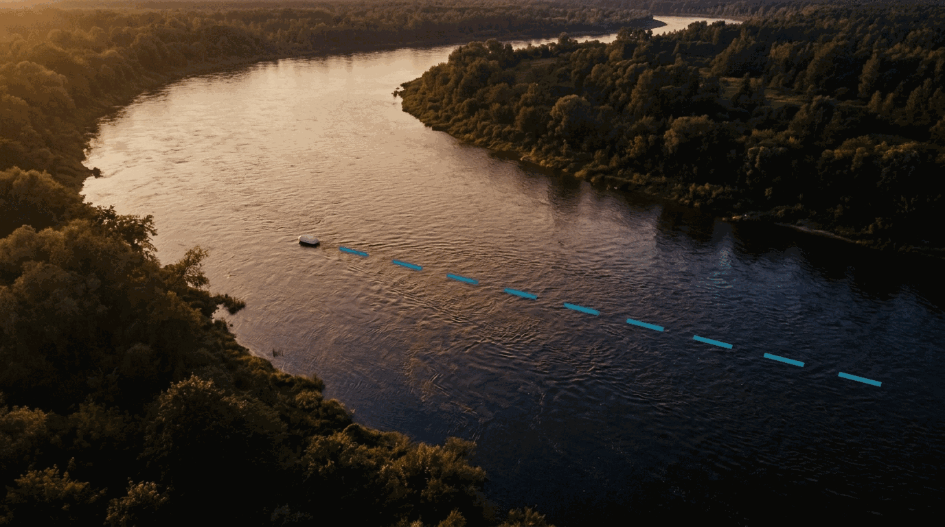 An aerial view of a wide river in golden light, with a small floating object and a
       cyan trail showing how far the current has carried it.