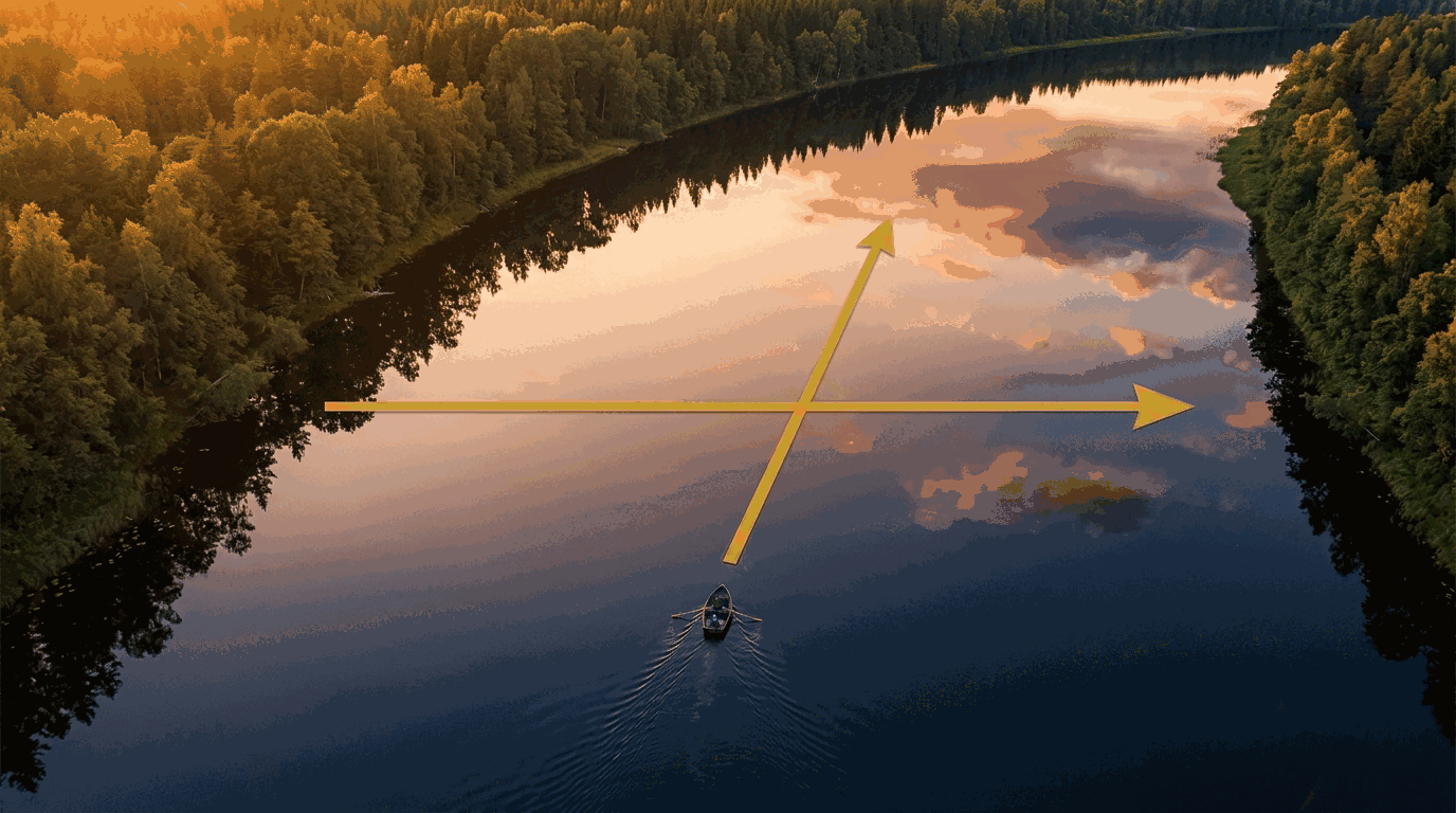 A boat crossing perfectly still water along a straight gold arrow, running square
       across to the far bank.