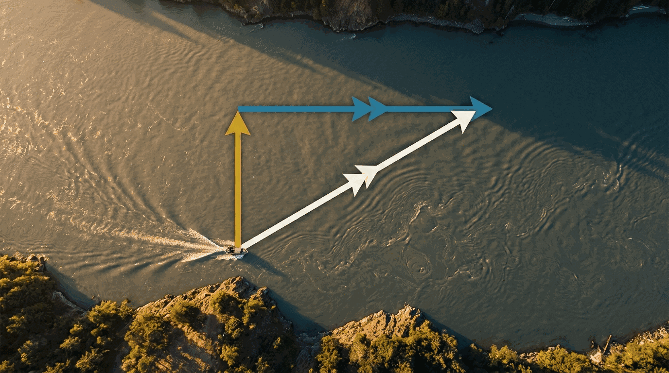 A boat crossing a flowing river, with a gold arrow showing where it points, a cyan
       arrow showing the current, and a white arrow showing the path it actually travels.