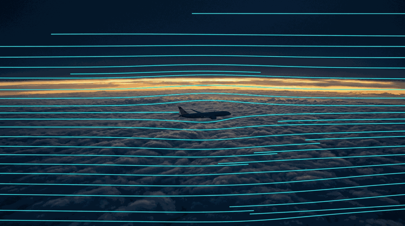 An airliner in cruise above a single vast cloud layer, with parallel cyan
       streamlines running across the whole frame showing the air mass in motion.