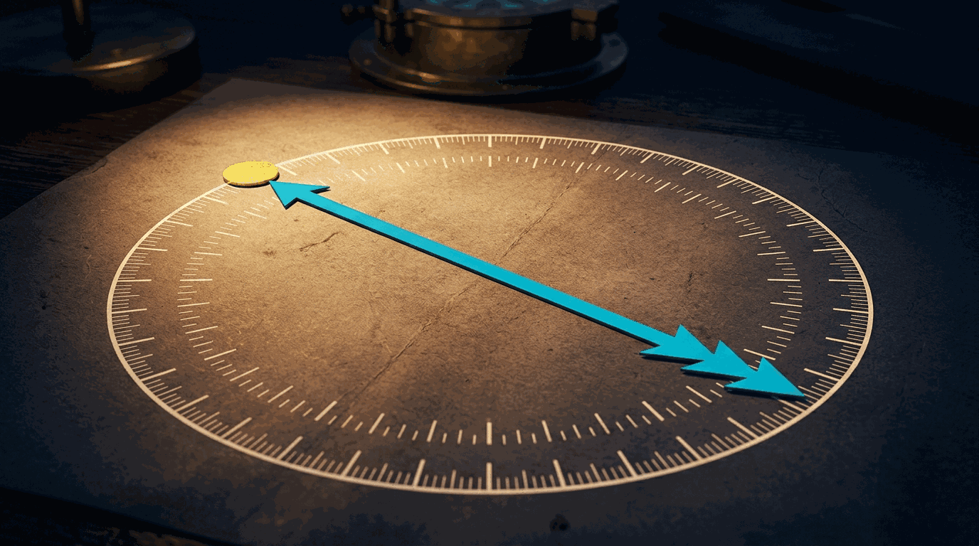 A compass rose with a three-arrowhead cyan arrow running from the upper-left rim
       through the centre to the lower right, and a gold marker at the rim where the arrow begins.