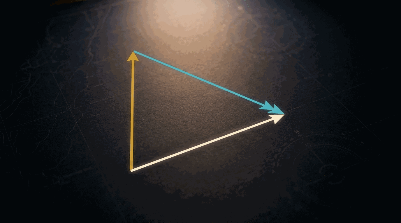 A closed vector triangle with a vertical gold air vector, a shorter cyan wind
       vector angling down to the right, and a warm white ground vector closing the shape.