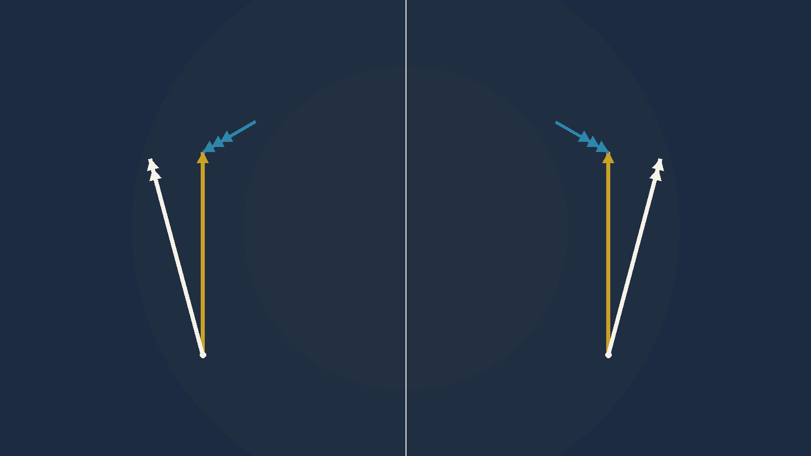 A split frame comparing port and starboard drift — on the left the track leans left
       of the heading, on the right it leans right, with the wind arriving from the opposite
       side in each case.