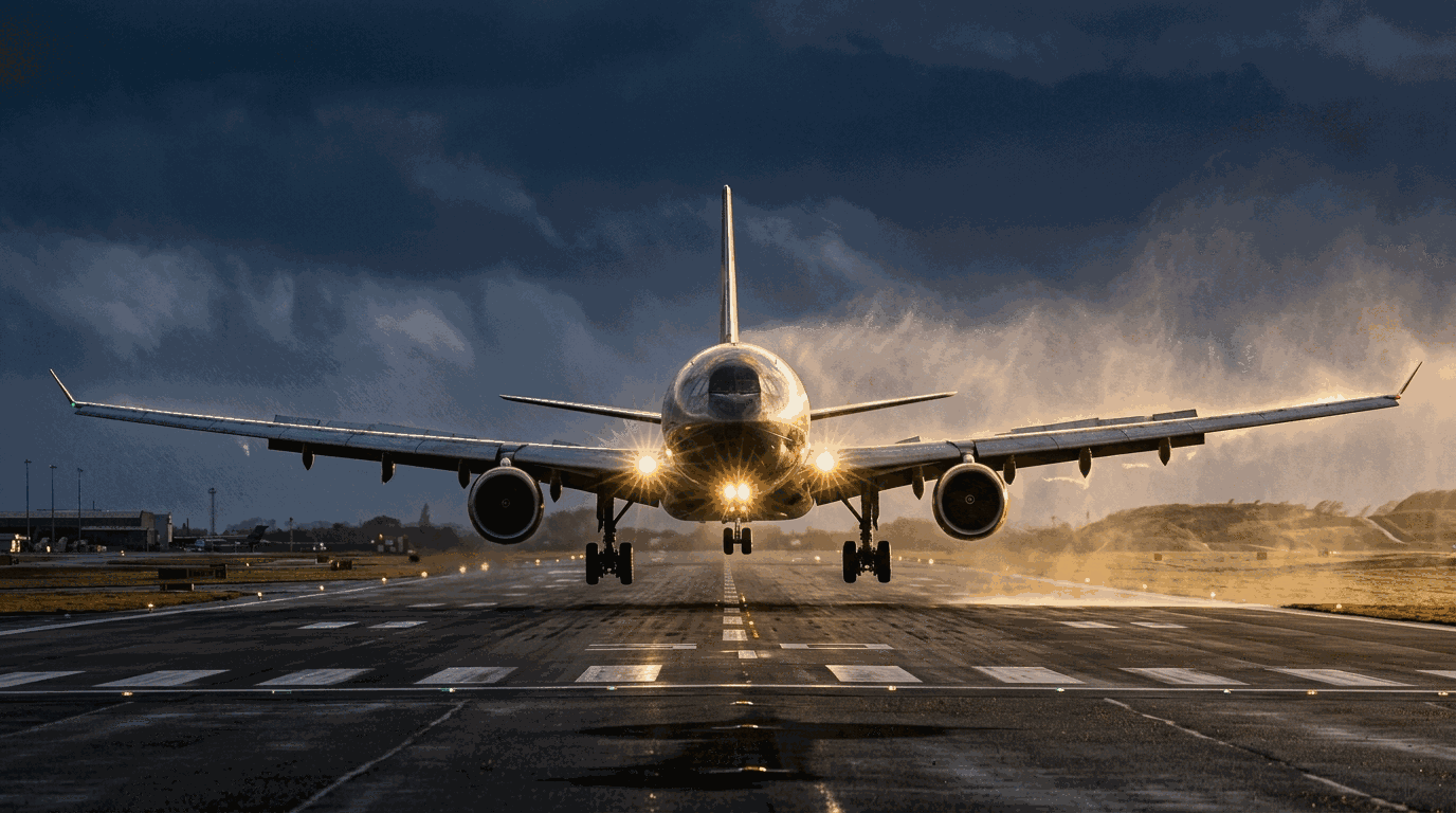 An airliner on short final in a strong crosswind, nose crabbed clearly off to one
       side while tracking straight down the centreline, rain streaking sideways across the frame.