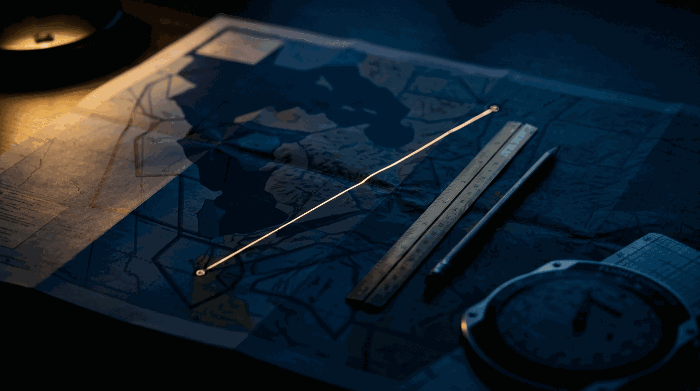 A flight planning chart on a table at dawn, a straight ruled track line drawn between two
       points, with a navigation computer and a pencil beside it in low warm light.