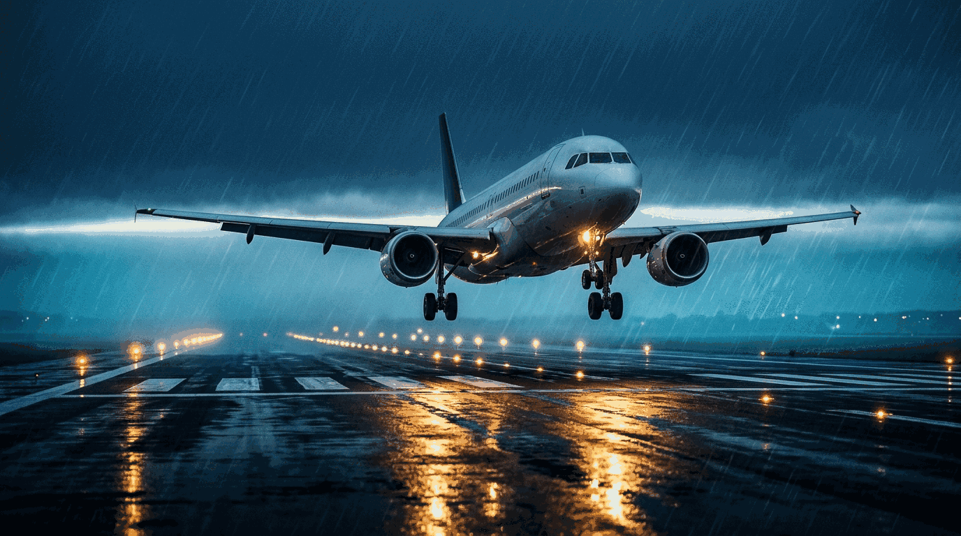 An airliner very low over a runway threshold in a strong crosswind at dusk, still
       crabbed, wet surface reflecting the approach lights, the runway stretching away ahead.