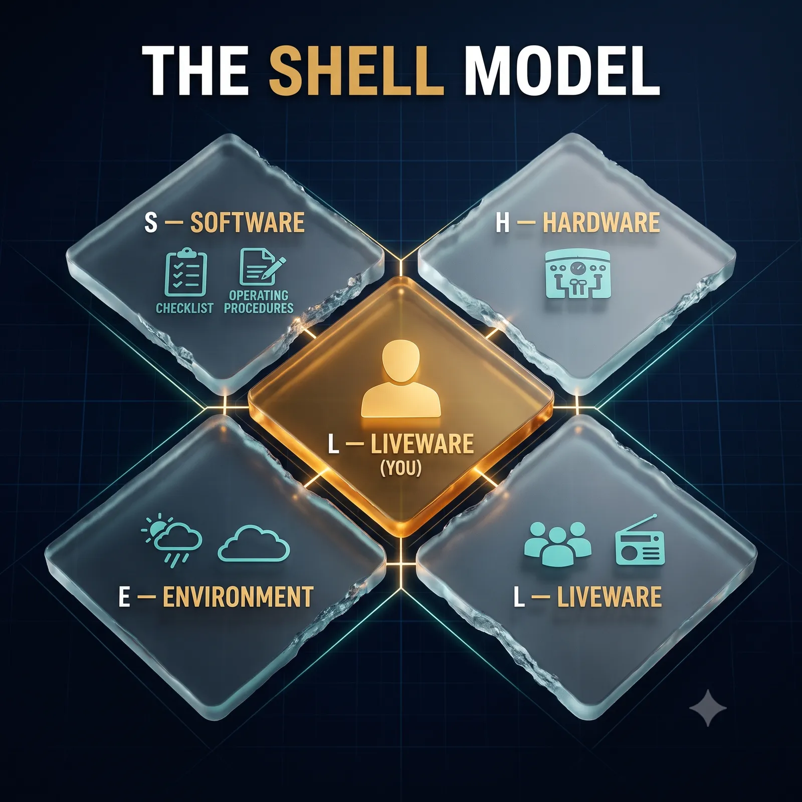 The SHELL model — Liveware at the centre interfacing with Software, Hardware, Environment and other Liveware