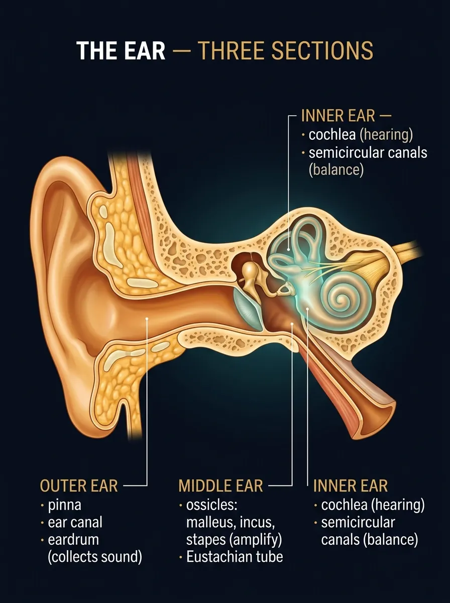 The ear — outer, middle and inner sections