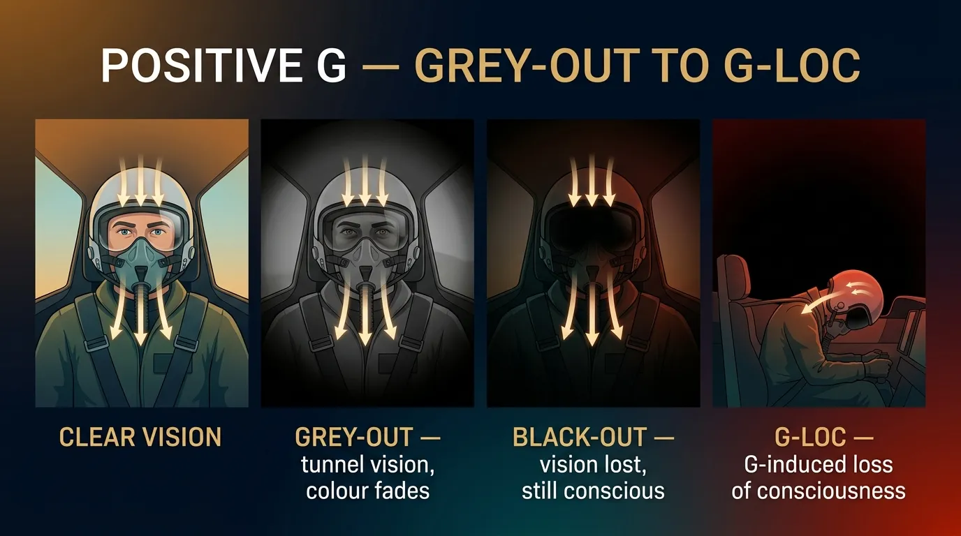 Positive-G effects — grey-out to G-LOC