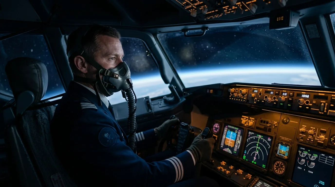 A pilot in an oxygen mask at high altitude, thin air and curved horizon