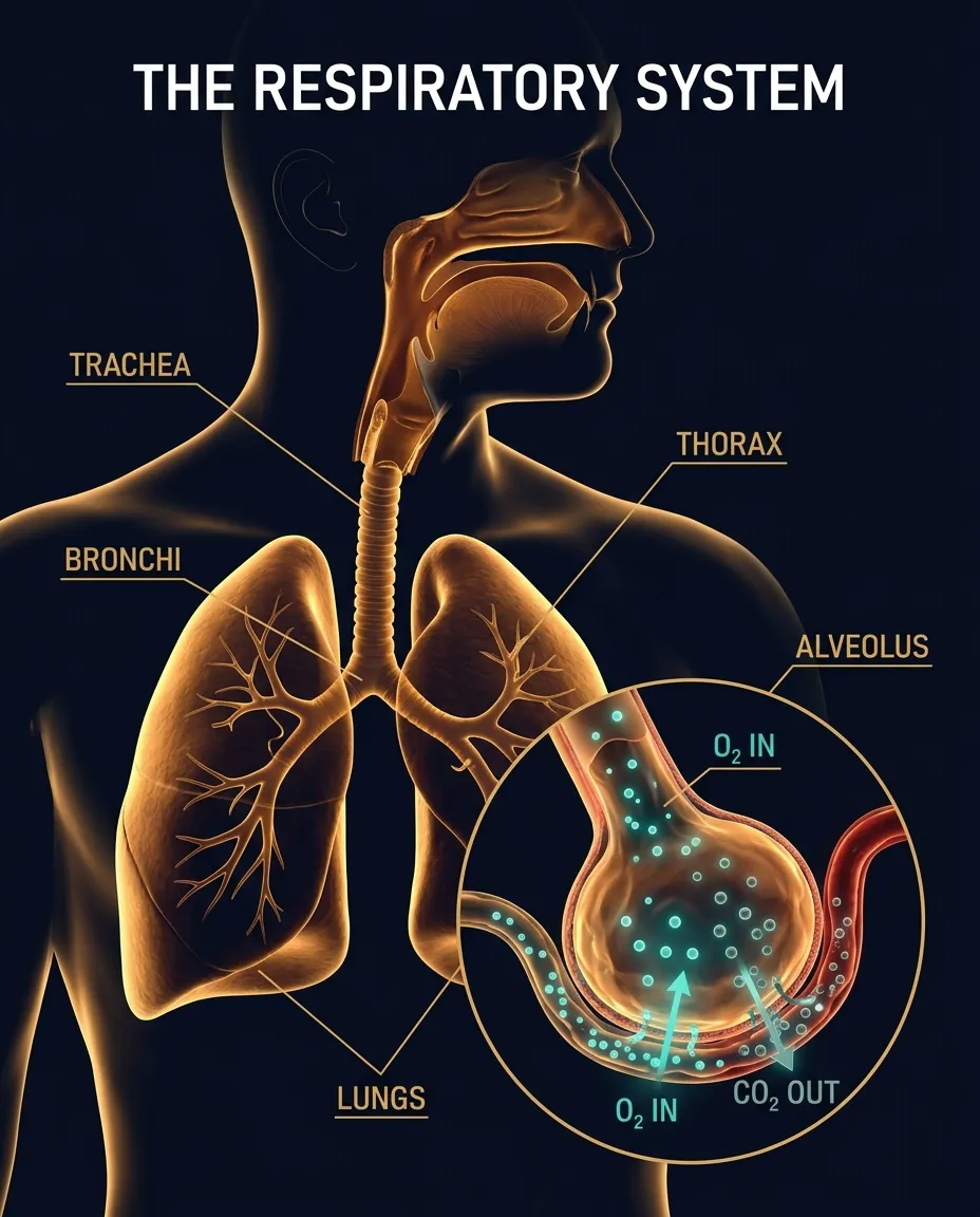 The respiratory system and gas exchange in the alveolus