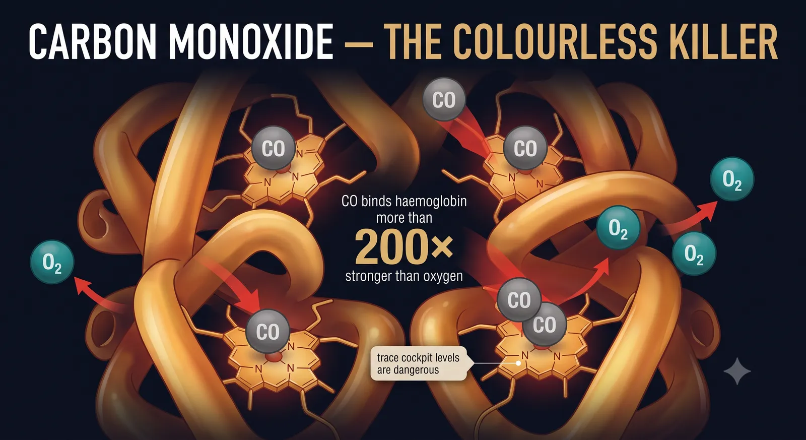 Carbon monoxide binds haemoglobin over 200 times more strongly than oxygen