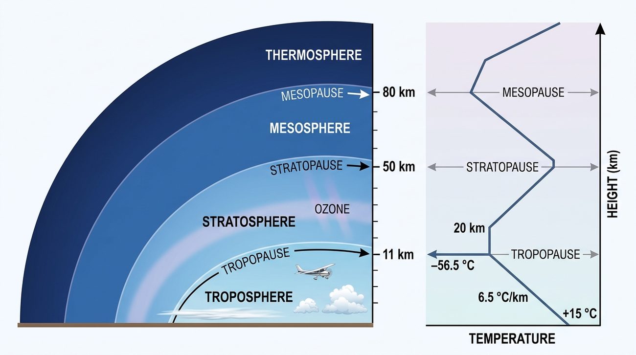 Quarter-circle of the atmosphere with the troposphere, stratosphere, mesosphere and thermosphere and the tropopause at 11 km, stratopause at 50 km and mesopause at 80 km; beside it a graph of temperature against height falling from +15 degrees Celsius at 6.5 degrees per km to minus 56.5 degrees at 11 km, constant to 20 km, rising to the stratopause, falling to the mesopause and rising again.