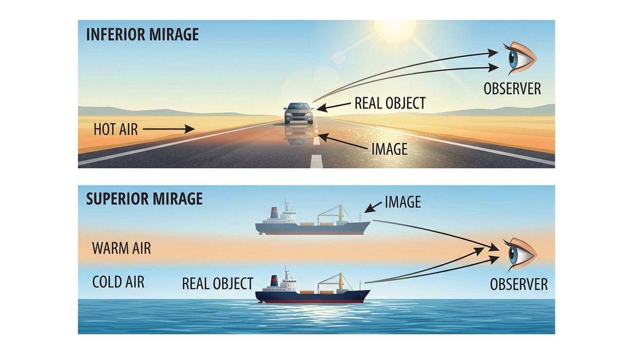 Top: an inferior mirage on a hot road, where a car has an inverted image below it in the hot air near the ground. Bottom: a superior mirage over the sea, where a layer of warm air above cold air lifts the image of a ship above the real ship.