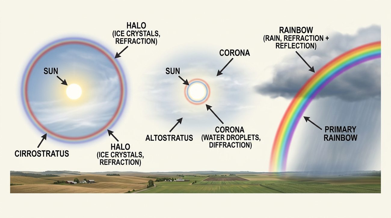 Three scenes: a halo, a ring with red inside and violet outside, around the sun seen through cirrostratus; a corona, small coloured rings close around the sun seen through altostratus; and a primary rainbow with red on the outside beneath a rain cloud.