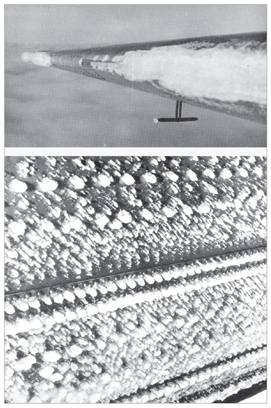Photographs of ice build-up on a tailplane and on the underside of a wing.