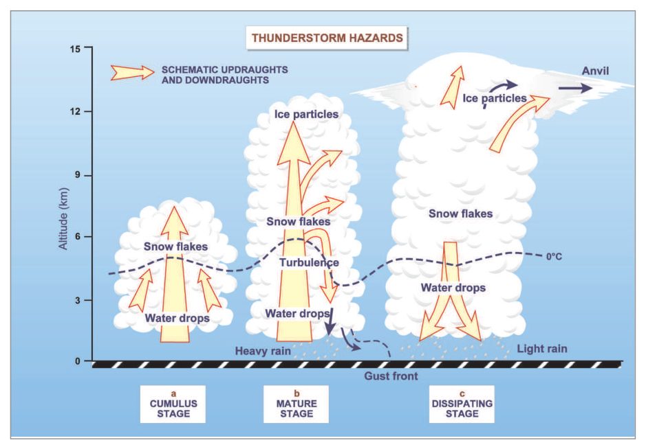 Cumulus, mature and dissipating stages showing updraughts, downdraughts, ice, snow, turbulence, rain and the gust front.
