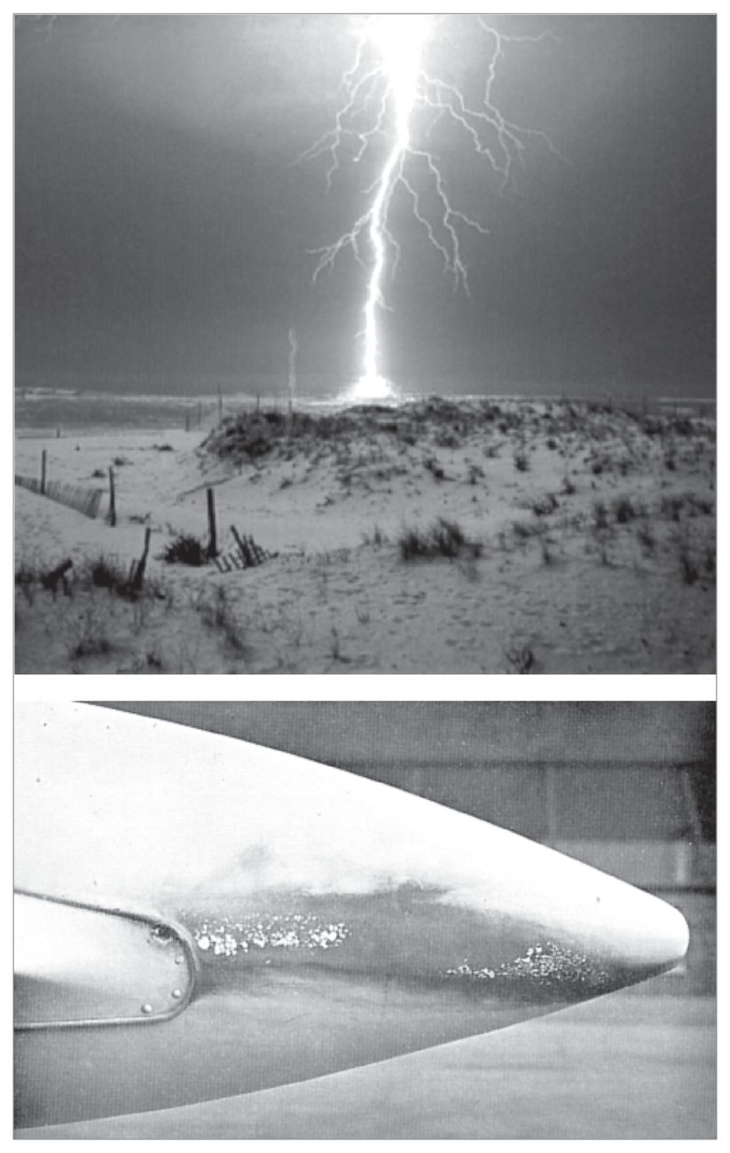 A photograph of a lightning strike and a radome damaged by a strike.