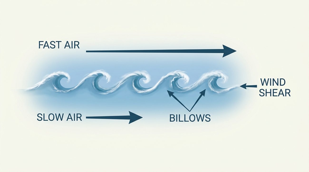 A fast layer of air sliding over a slower layer, with a row of rolling wave crests (billows) along the boundary where the wind shear is.