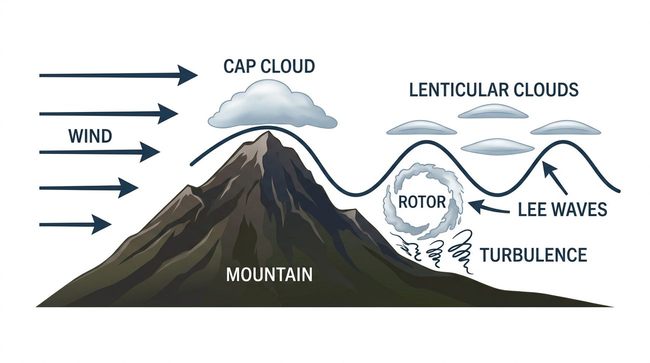 Wind blowing from the left over a mountain: a cap cloud over the summit, lee waves downwind, lenticular clouds above the wave crests, a rotor under the first wave on the lee side and turbulence below it.