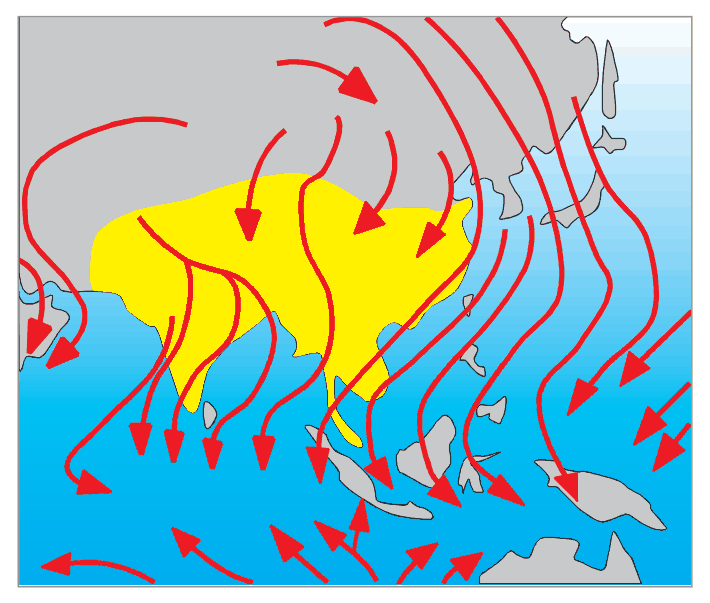 Map of the north-east monsoon winds blowing across southern Asia in winter.