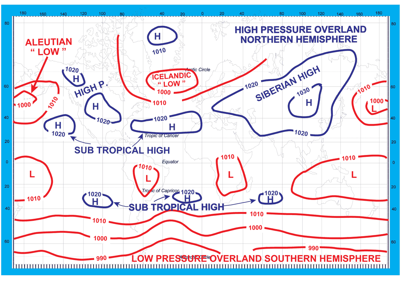 World map of pressure systems in January: Siberian high, Aleutian and Icelandic lows and the sub-tropical highs.
