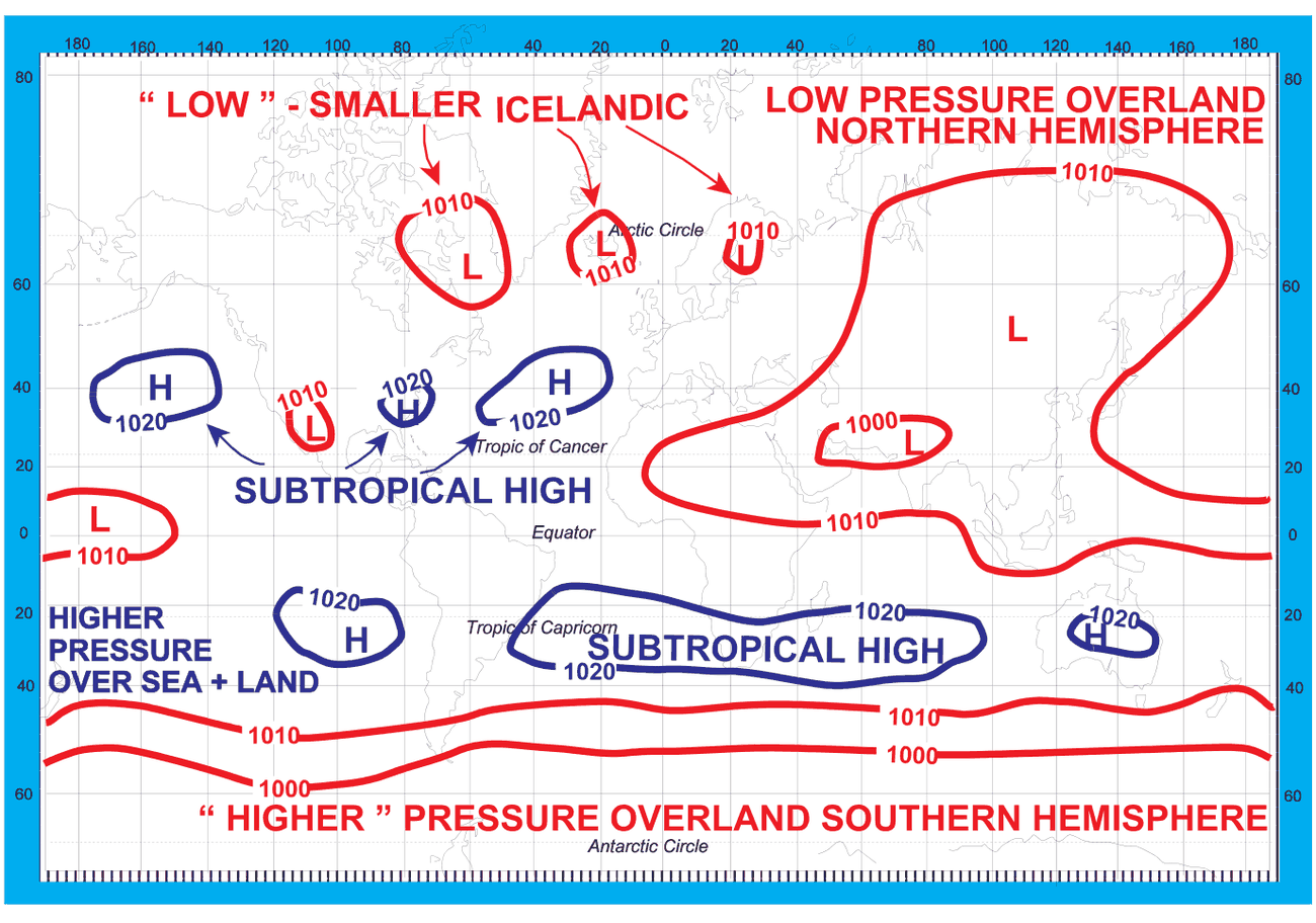 World map of pressure systems in July with a large low over Asia.