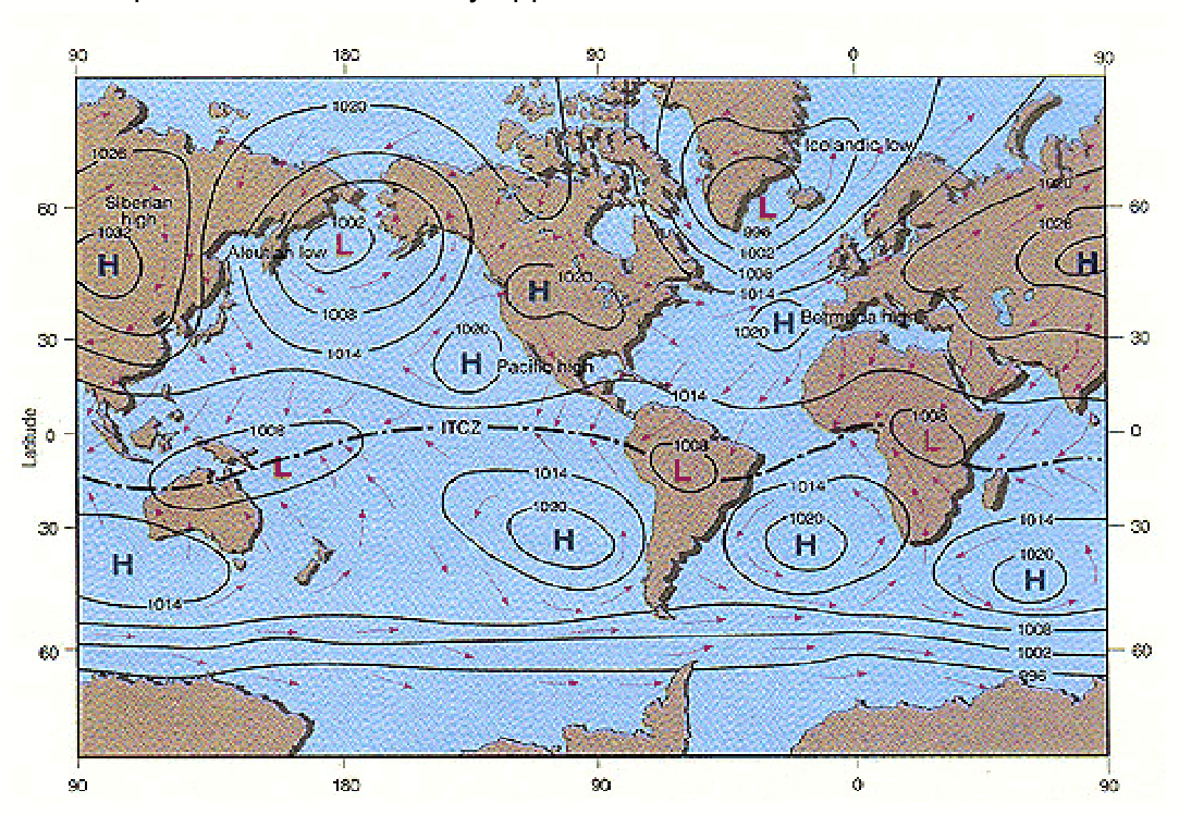 World map of January pressure systems with the ITCZ.