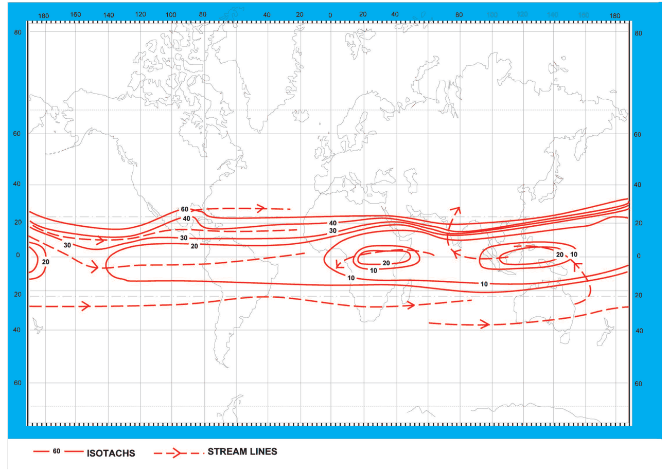World map of isotachs (red lines of equal wind speed) and streamlines for the equatorial upper winds in January.