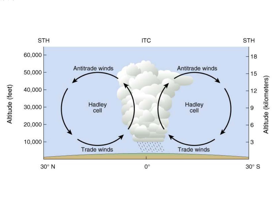 Section from 30 degrees north to 30 degrees south: trade winds at the surface, antitrade winds aloft and rising air at the ITC.