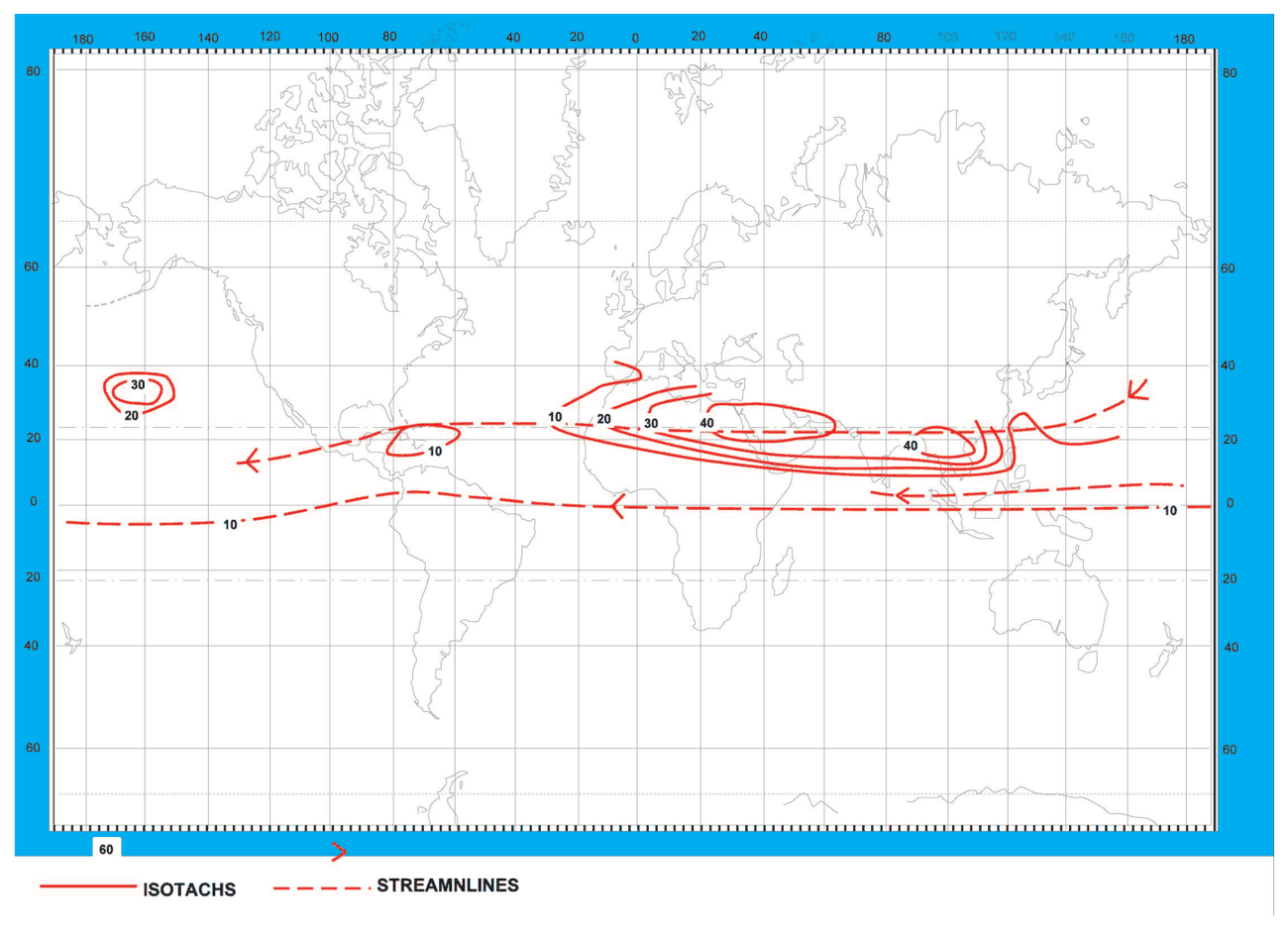 World map of isotachs (red lines of equal wind speed) and streamlines for the equatorial upper winds in July.
