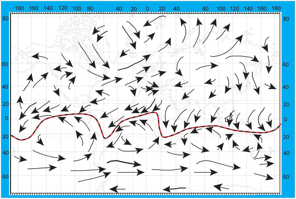 World map of prevailing surface wind arrows in January with the ITCZ line.
