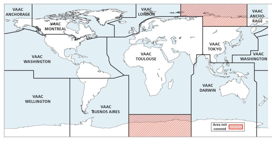 World map of the Volcanic Ash Advisory Centre areas of responsibility.