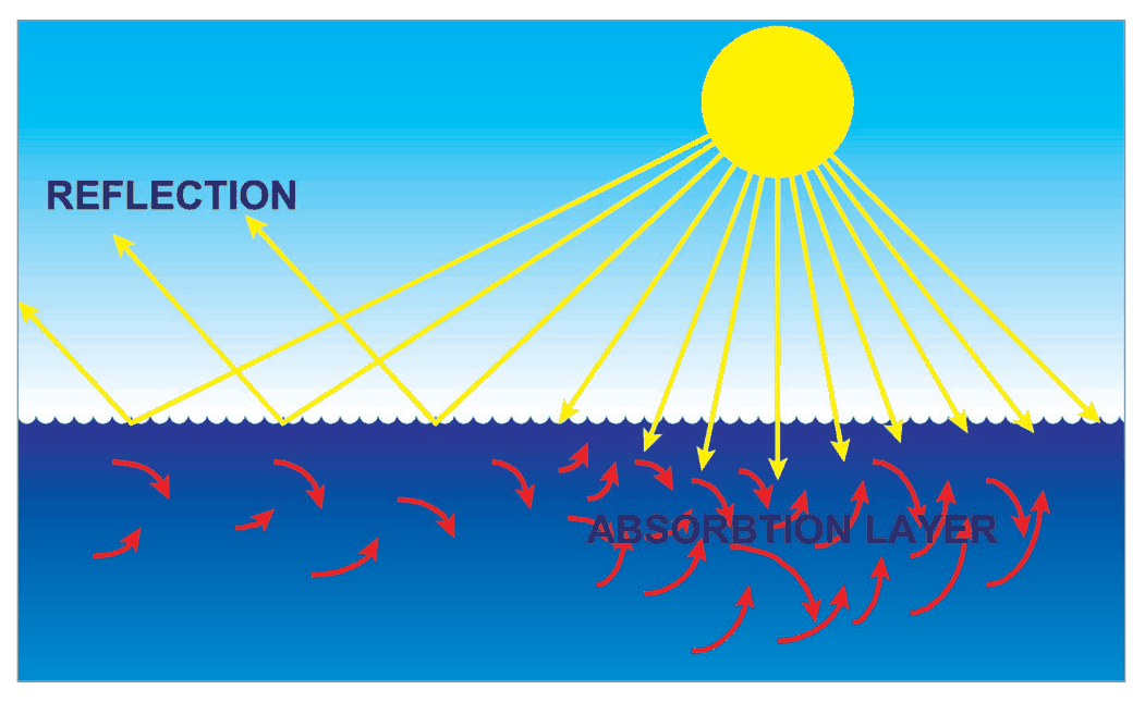 Sunlight penetrating into the sea and heat mixed down through an absorption layer, so the surface warms little.